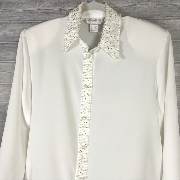 Vintage White Pearl Embellished Collar Sheer Long Sleeve Button Up Size Medium - Picture 3 of 16